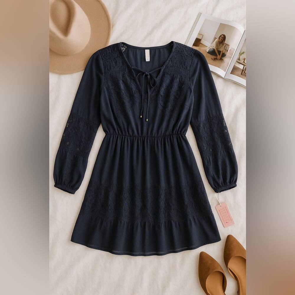 Xhilaration Navy Blue Chiffon Lace Detail Dress Size Medium NWT